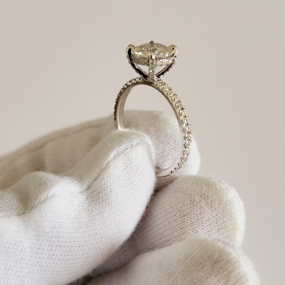 14k White Gold 2.30 Carat Round Cut Moissanite Hidden Halo Engagement Ring - Picture 6 of 7